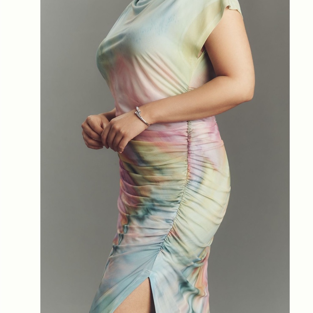 NEW Anthropologie Maya Ruched Cowl-Neck Dress Mesh Rainbow Watercolor Large - Picture 6 of 10
